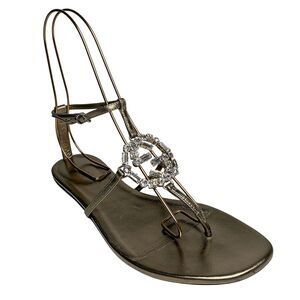 Gucci Crystal GG T-Strap Sandals EU 37.5 US 7.5 Bronze Metallic Interlocking G